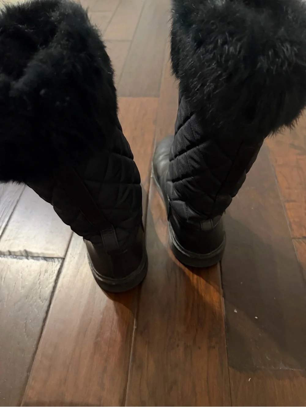 Tory Burch Black Quilted Leather Winter Boots with Faux Fur Cuff